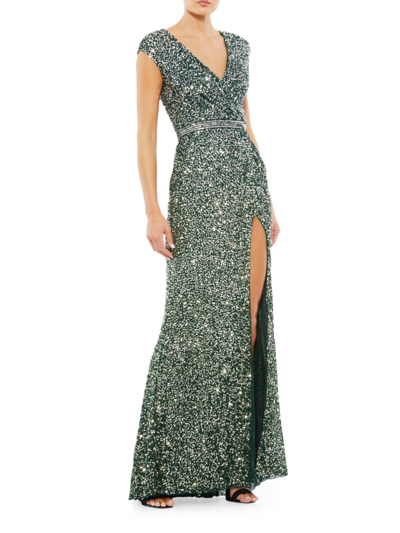 Shop Mac Duggal Women's V-neck Sequin Gown In Forest Green