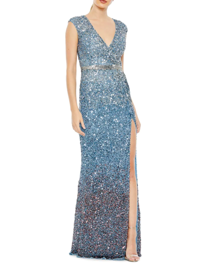 Shop Mac Duggal Women's V-neck Sequin Gown In Blue Ombre