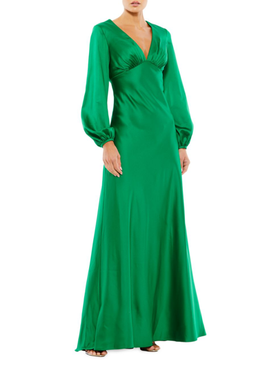 Shop Mac Duggal Women's Puffed-sleeve Satin Gown In Emerald