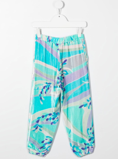 Shop Emilio Pucci Junior Abstract-print Velvet Trousers In Blue