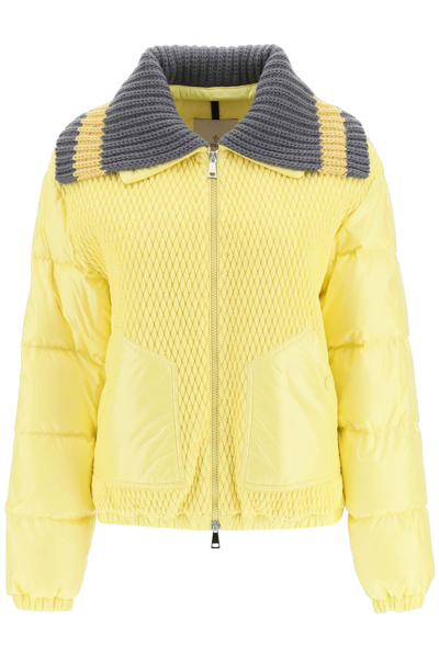 Shop Moncler Apront Short Down Jacket In Yellow,grey