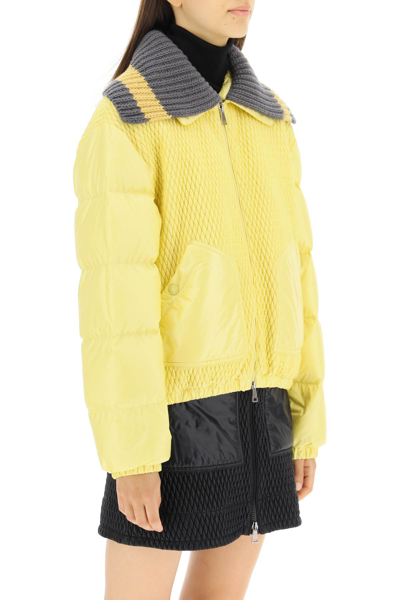 Shop Moncler Apront Short Down Jacket In Yellow,grey