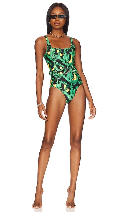 Shop Ganni Recycled Belted One Piece In Banana Tree Black