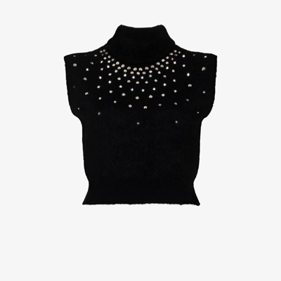 Shop Alessandra Rich Black Crystal Embellished Knitted Crop Top