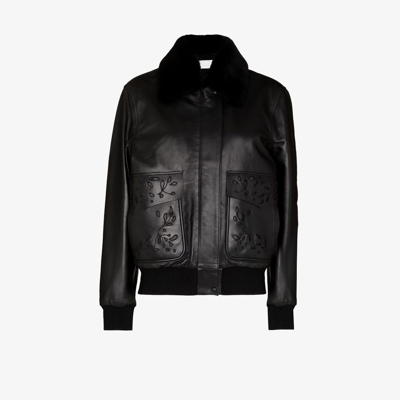 Shop Chloé Black Broderie Anglaise Leather Bomber Jacket
