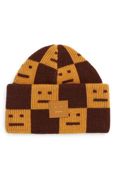 Shop Acne Studios Kuri Face Checkerboard Beanie In Ochre Orange/ Coffee Brown