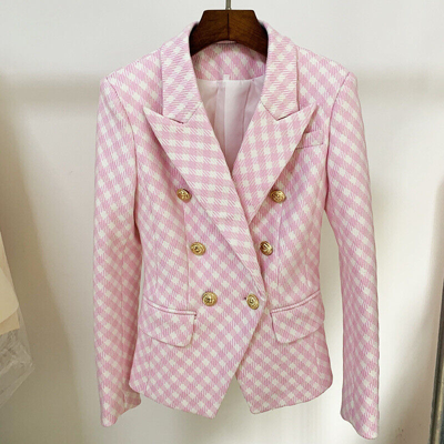 Pre-owned Fashion Pioneer Damen Designer Inspiriert Enganliegend Pink Kariert Blazer Golden Löwe Knöpfe