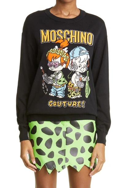 Shop Moschino X 'the Flintstones' Intarsia Cotton Sweater In Fantasy Print Black