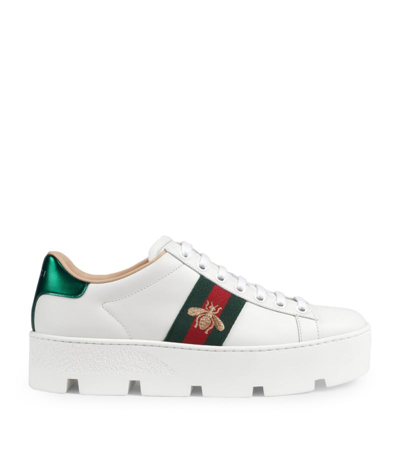Shop Gucci Leather Embroidered Ace Platform Sneakers In White