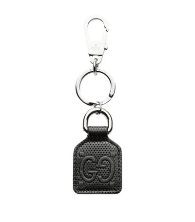 Shop Gucci Leather Gg Embossed Keyring In Black