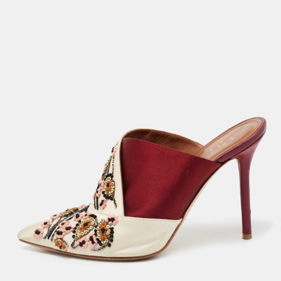 Pre-owned Malone Souliers Off White/burgundy Satin Floral Embroidered Pointed Toe Mules Size 37