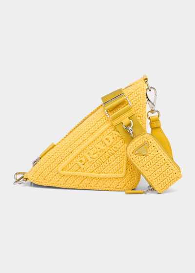 Shop Prada Triangle Logo Raffia Shoulder Bag In F0010 Giallo