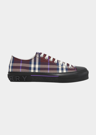 Shop Burberry Men's Low-top Textile Check Sneakers In Deep Maroon Ip Ch