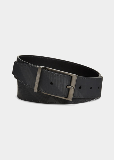 Check and Leather Reversible Belt in Charcoal/silver - Men