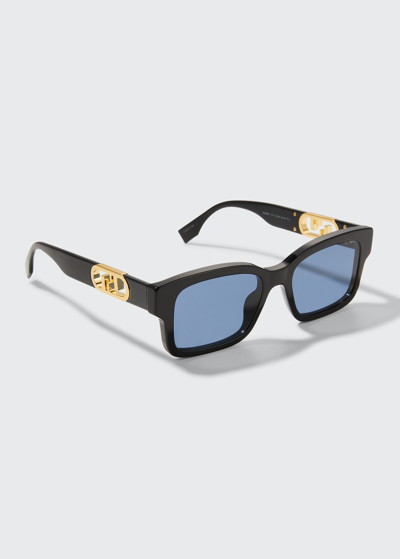 Shop Fendi Men's Gold-tone Ff-logo Rectangle Sunglasses In Sblkblu