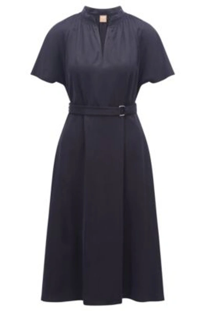 Shop Hugo Boss Belted Dress With Open Neckline In Dark Blue