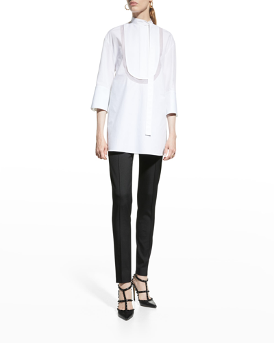 Shop Valentino Poplin Sheer Bib Outline Neck-tie Blouse In White
