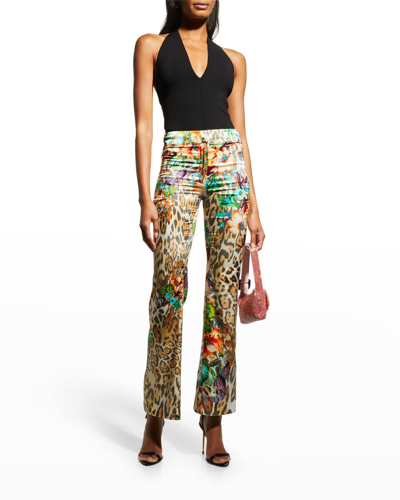 Shop Adriana Iglesias Leopard-print Ring Cutout Silk Flare-leg Pants In Turquoise