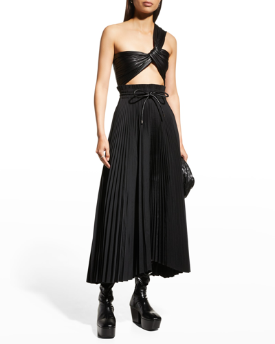 Shop A.l.c Addie Faux Leather One-shoulder Pleated Midi Dress In Blackblac