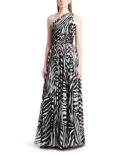 Shop Dolce & Gabbana Zebra-print One-shoulder Silk Chiffon Gown In Naturalwhi
