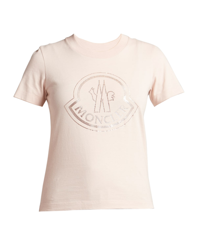Shop Moncler Embellished Logo Cotton T-shirt In Pastel Pink