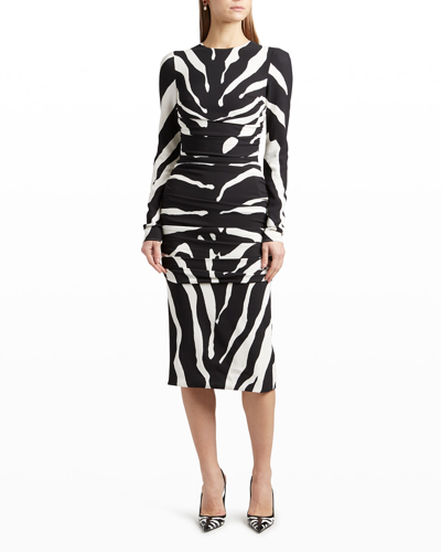 Shop Dolce & Gabbana Zebra-print Ruched Cady Midi Dress In Naturalwhi