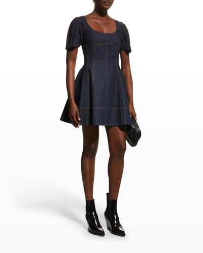 Shop Tanya Taylor Mia Fit-&-flare Mini Topstitched Denim Dress In Dark Indigo