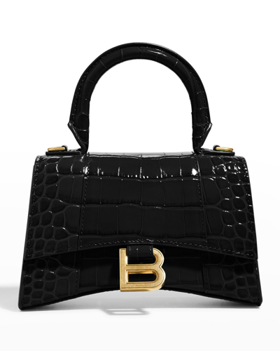 Shop Balenciaga Hourglass Xs Crocodile-embossed Top-handle Bag In 1000 Black