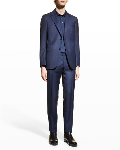 Shop Zegna Men's Wool Tic Suit In Blue Navy Check