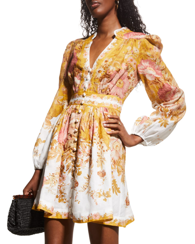 Shop Zimmermann Pattie Floral Button-front Mini A-line Dress In Mustard Floral
