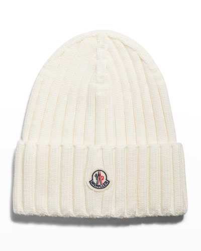 Shop Moncler Wool Ribbed Beanie In White