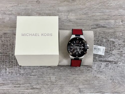 Pre-owned Mk8943 Men's Lennox Chronograph Black & Red Nylon Strap 45mm Watch