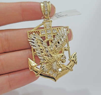 Pre-owned My Elite Jeweler Real 14k Yellow Gold Charm Eagle Anchor Pendant With White Gold And Stone Men's