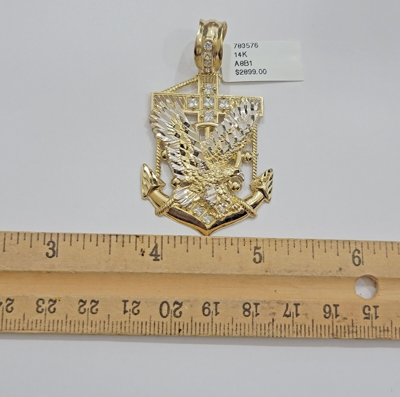 Pre-owned My Elite Jeweler Real 14k Yellow Gold Charm Eagle Anchor Pendant With White Gold And Stone Men's