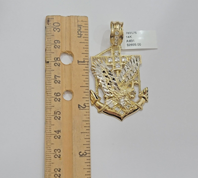 Pre-owned My Elite Jeweler Real 14k Yellow Gold Charm Eagle Anchor Pendant With White Gold And Stone Men's