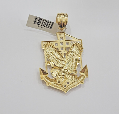 Pre-owned My Elite Jeweler Real 14k Yellow Gold Charm Eagle Anchor Pendant With White Gold And Stone Men's