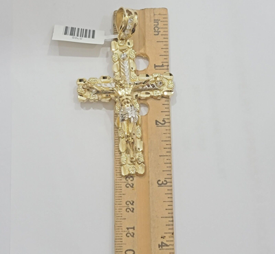 Pre-owned My Elite Jeweler Real 14kt Gold Cross Charm Pendant Jesus Crucifix 3" Yellow Gold For Men's Chain In White