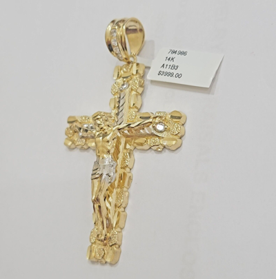 Pre-owned My Elite Jeweler Real 14kt Gold Cross Charm Pendant Jesus Crucifix 3" Yellow Gold For Men's Chain In White
