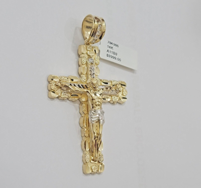 Pre-owned My Elite Jeweler Real 14kt Gold Cross Charm Pendant Jesus Crucifix 3" Yellow Gold For Men's Chain In White