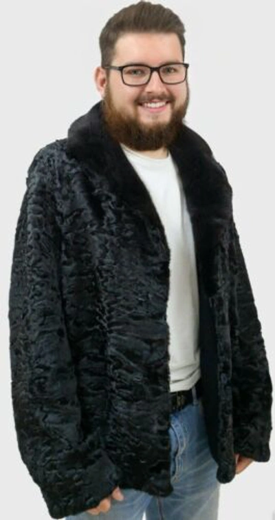 Pre-owned Handmade Man's Real Real Astrakhan Swakara Wavy Karakul Fur Jacket Coat All & Custom Size In Black