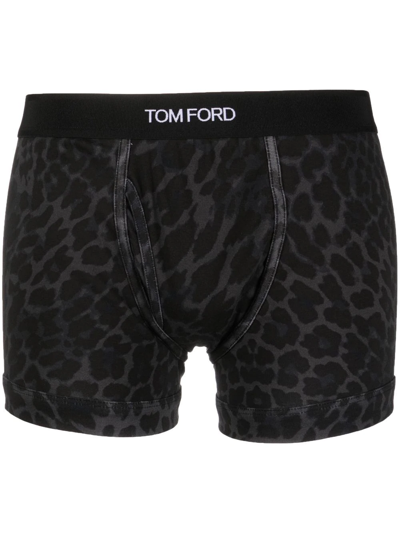 Shop Tom Ford Logo-waistband Leopard-print Boxers In Black
