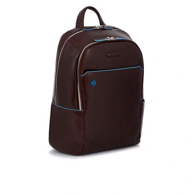 Pre-owned Piquadro Men Backpack  Blue Square Ca3214b2 Brown Leather Bag Rucksack For Laptop
