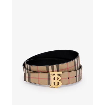 Shop Burberry Checked Reversible Woven-blend And Leather Belt In Black-archive Beige