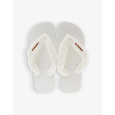 Shop Havaianas Women's White Top Home Fluffy Logo-embossed Faux-fur And Rubber Flip Flops