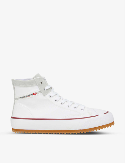 Shop Diesel S-principia Cotton And Leather Mid-top Trainers In White