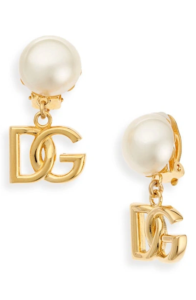 Shop Dolce & Gabbana Dolce&gabbana Dg Charm Imitation Pearl Clip-on Earrings In Oro