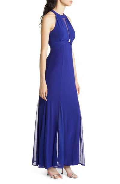 Morgan & Co. Cleo Crystal Detail Open Back Gown In Electric Blue