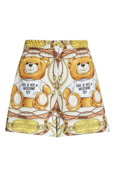 Shop Moschino Teddy Bear Scarf Print Cotton Shorts In Fantasy Print Ivory