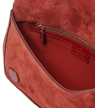 Shop Gucci Blondie Suede Shoulder Bag In Blon.red/blon.red