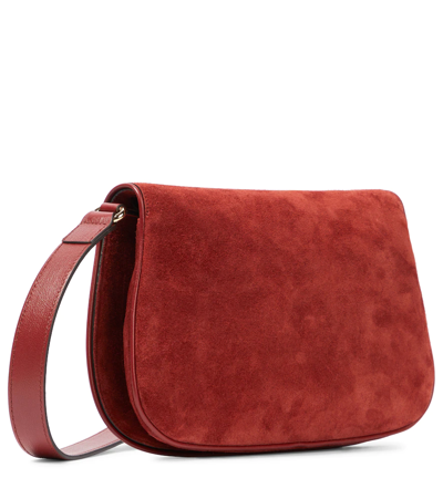 Shop Gucci Blondie Suede Shoulder Bag In Blon.red/blon.red